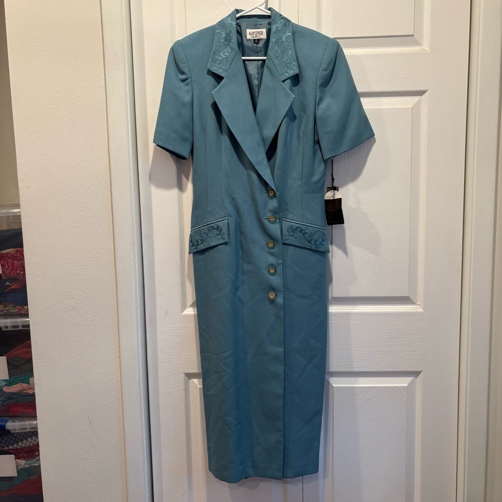 Vintage NWT Kasper Blue Midi Length Short Sleeve Suit Dress - Size 6